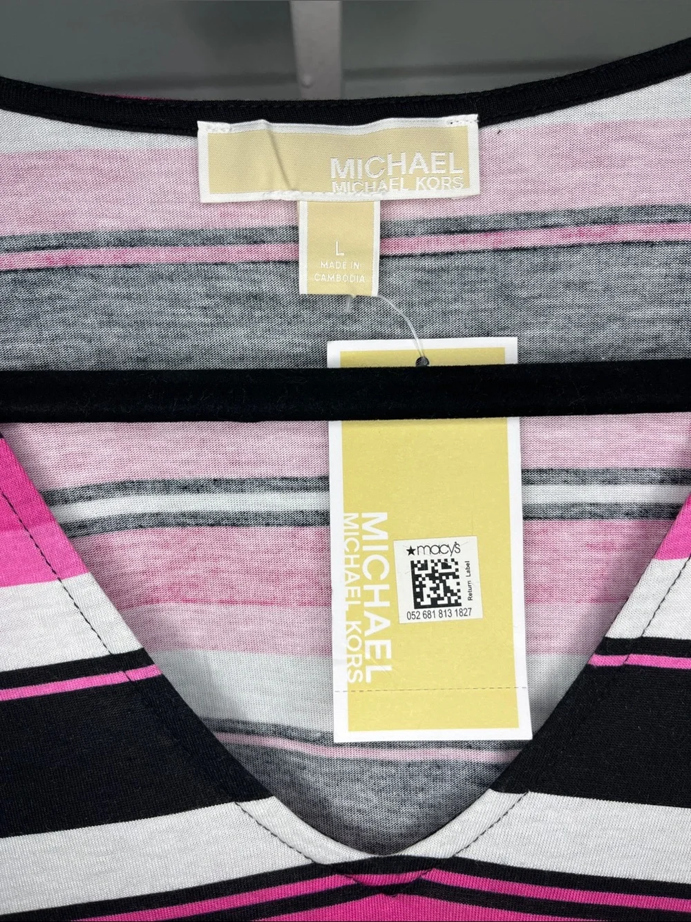 Michael Kors Pink, Black & White Striped V-Neck Long Sleeve Top